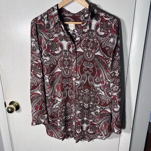 Chico's Women's Paisley Super Pleat Button-Up Tunic Blouse Brown Size 2 (L/12)